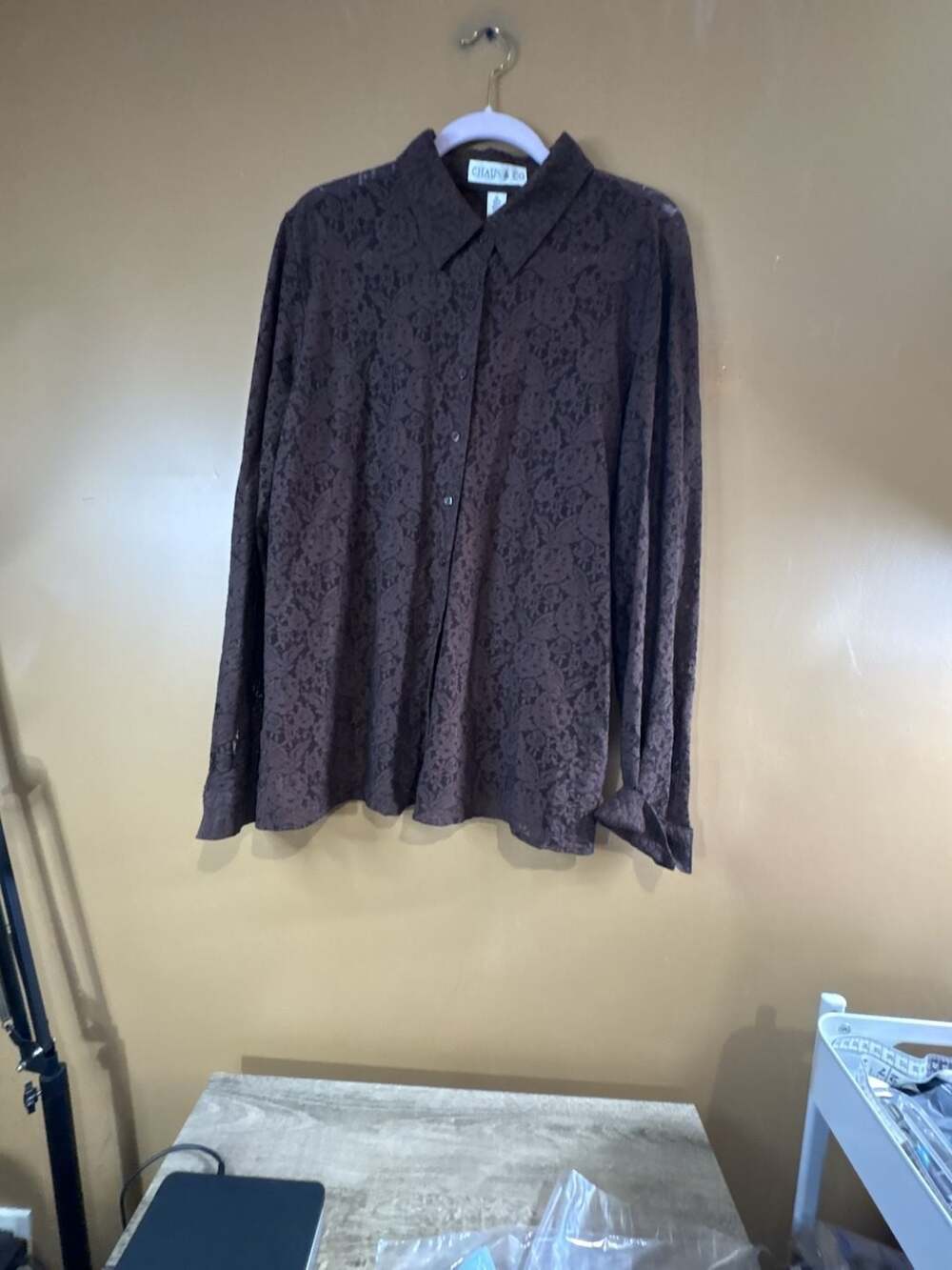HC1104 Chaus & Co Brown Floral Lace Long Sleeve Button Up Shirt Size XL
